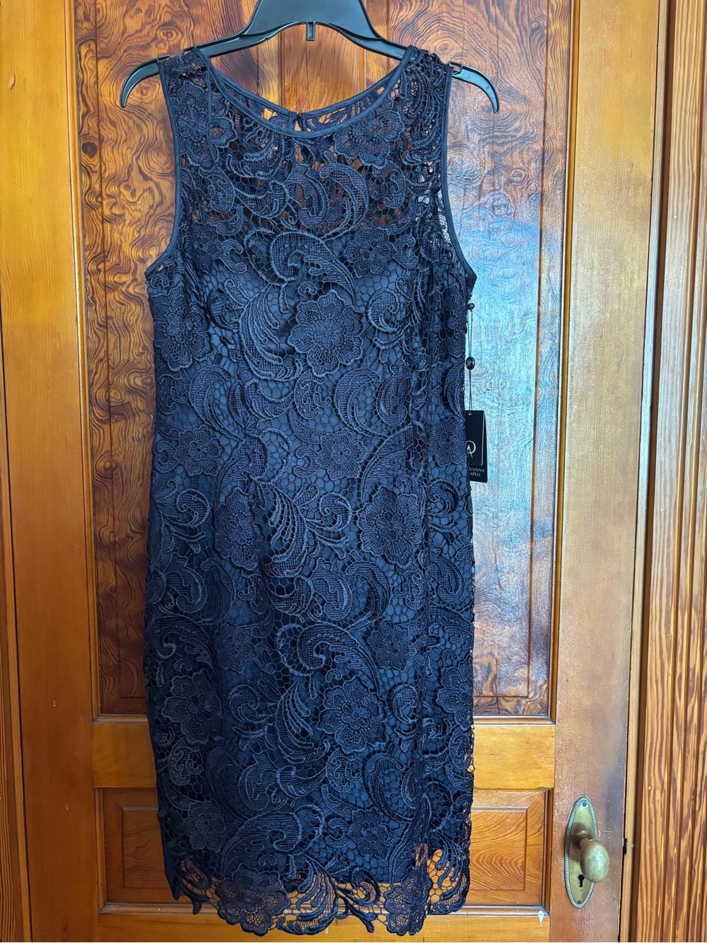 Dark Navy Blue Floral Lace Sheath Dress with Elegant Overlay. Size 10.